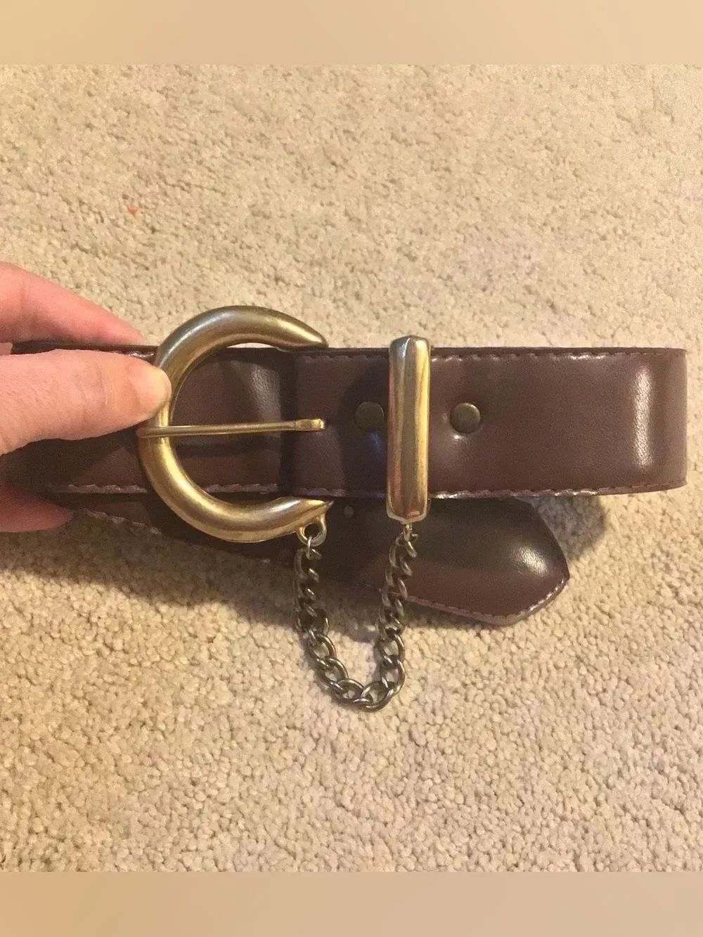 Vintage Absolutely Fresh Brown Leather Belt with Gold Buckle and Chain